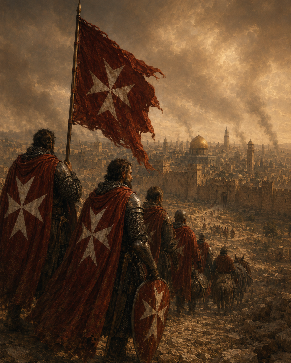 Hospitaller knights departing Jerusalem after the city fell in 1187