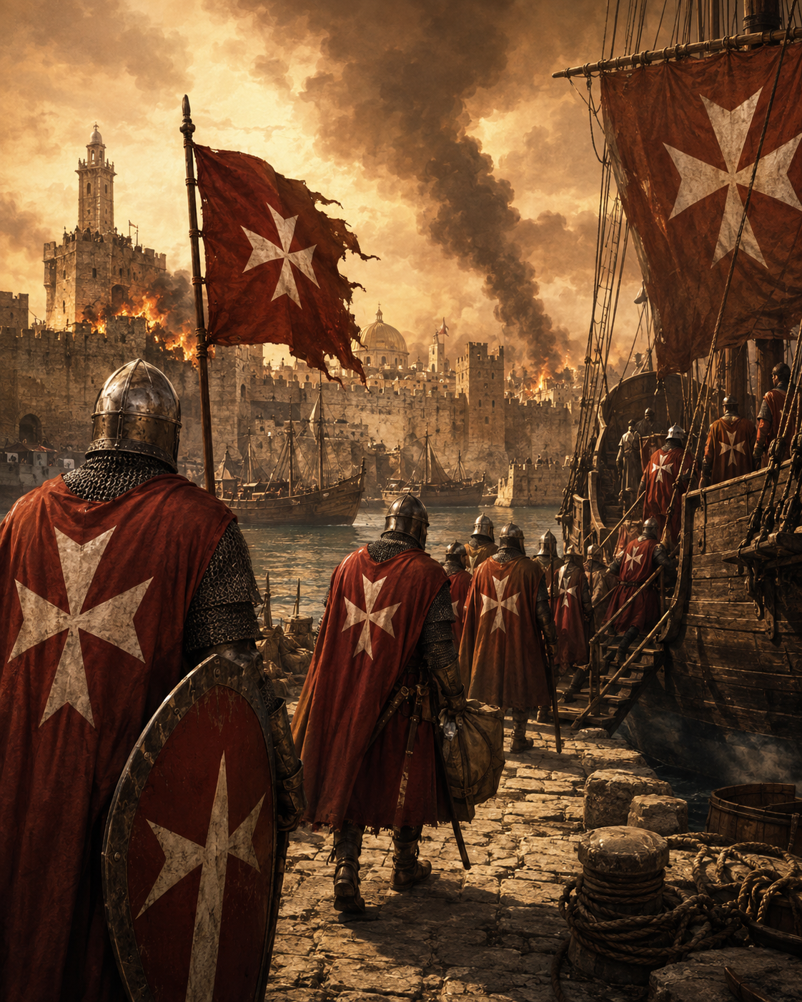 Hospitaller knights departing Acre by ship after the city fell in 1291