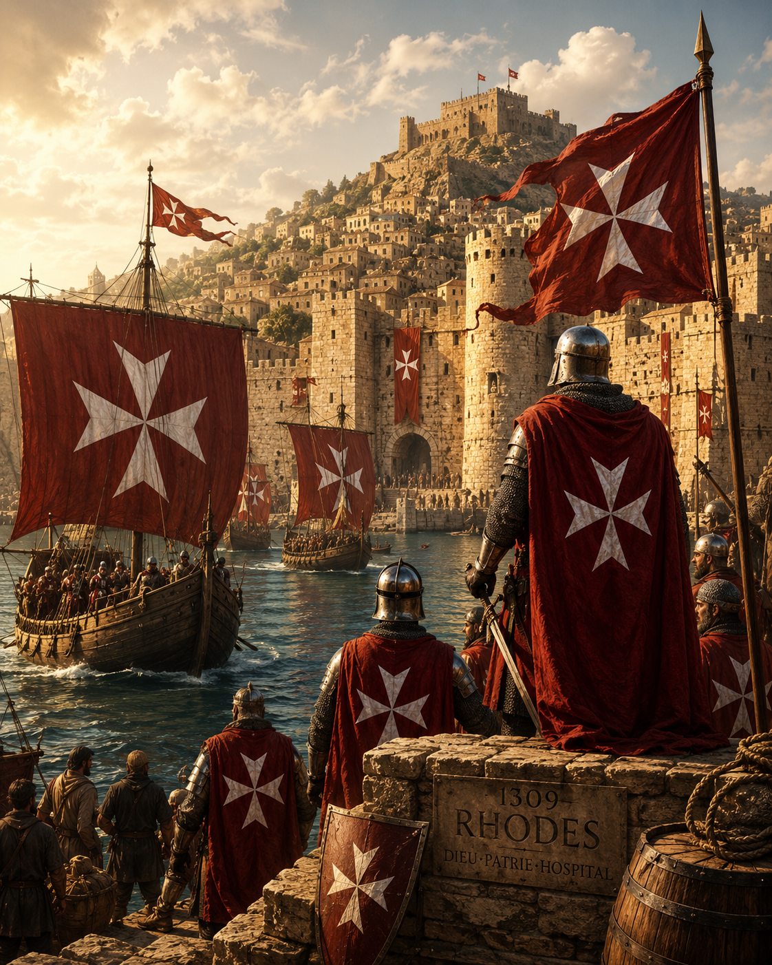 Hospitaller knights and ships entering the fortified harbor of Rhodes in 1309