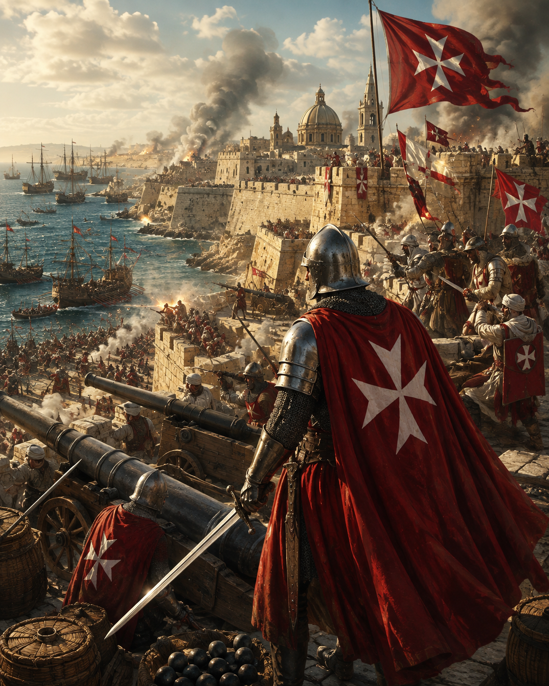 Knights of Malta defending the fortifications during the Great Siege of 1565