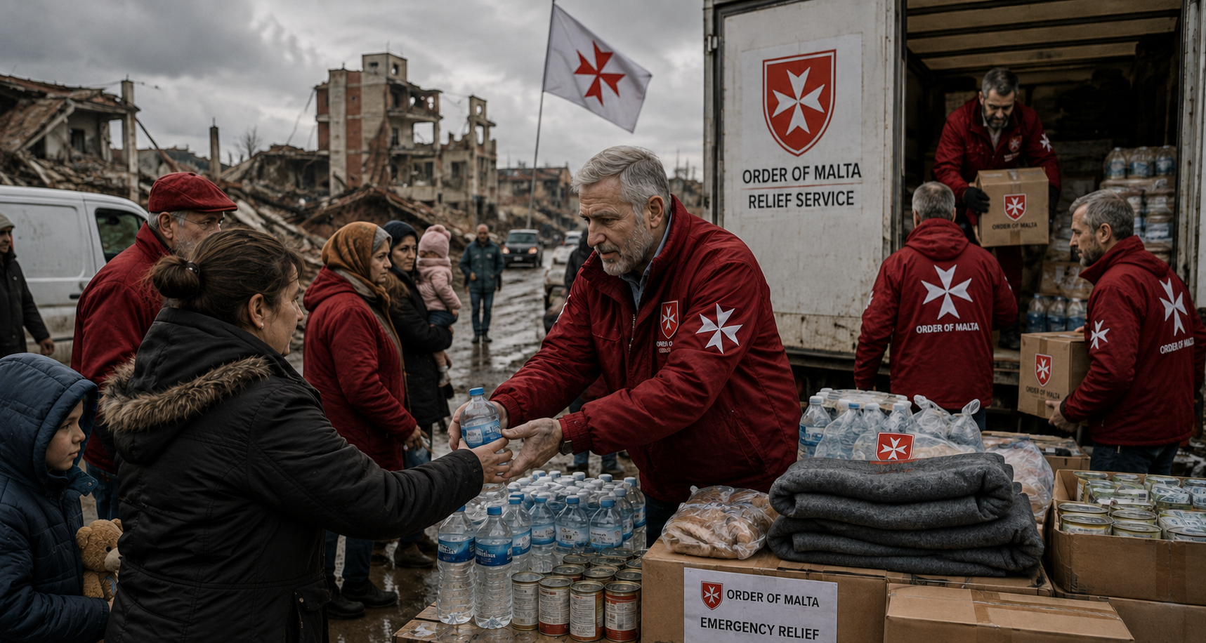 Knights of Malta volunteers in red uniforms distributing emergency food, water, and blankets to families in a disaster-stricken community.