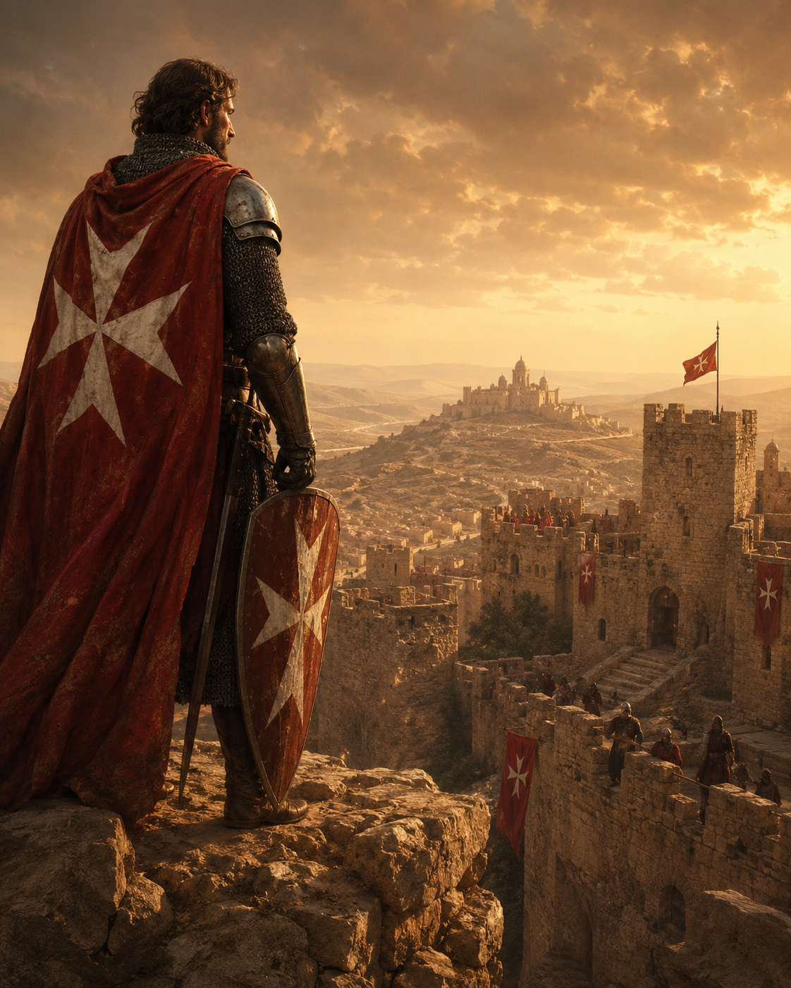 Hospitaller knight overlooking a Crusader fortress in the Holy Land
