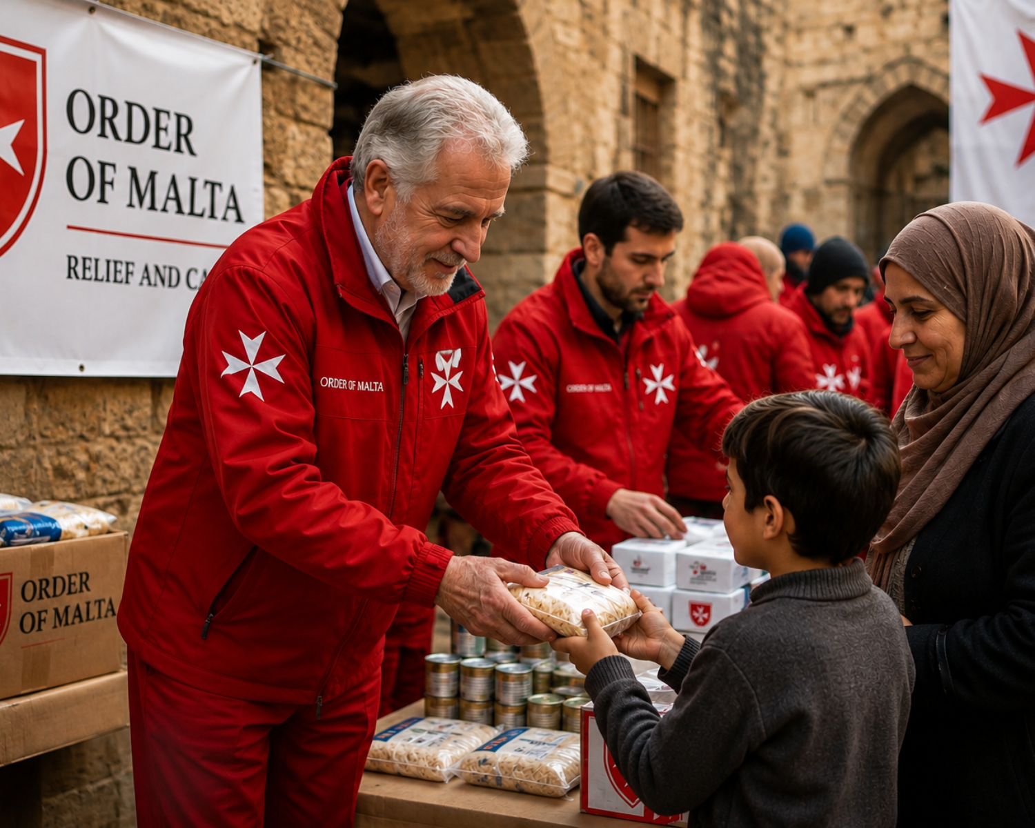 Knights of Malta volunteers in red uniforms distributing food and humanitarian supplies to a mother and child.