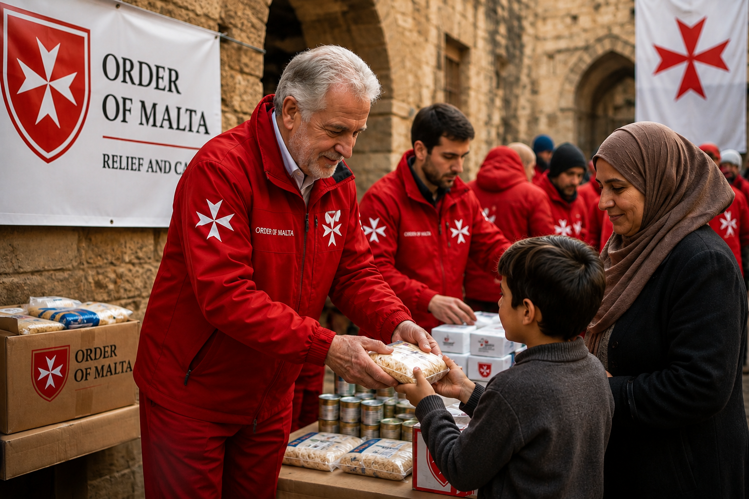Knights of Malta volunteers in red uniforms distributing food and humanitarian supplies to a mother and child.