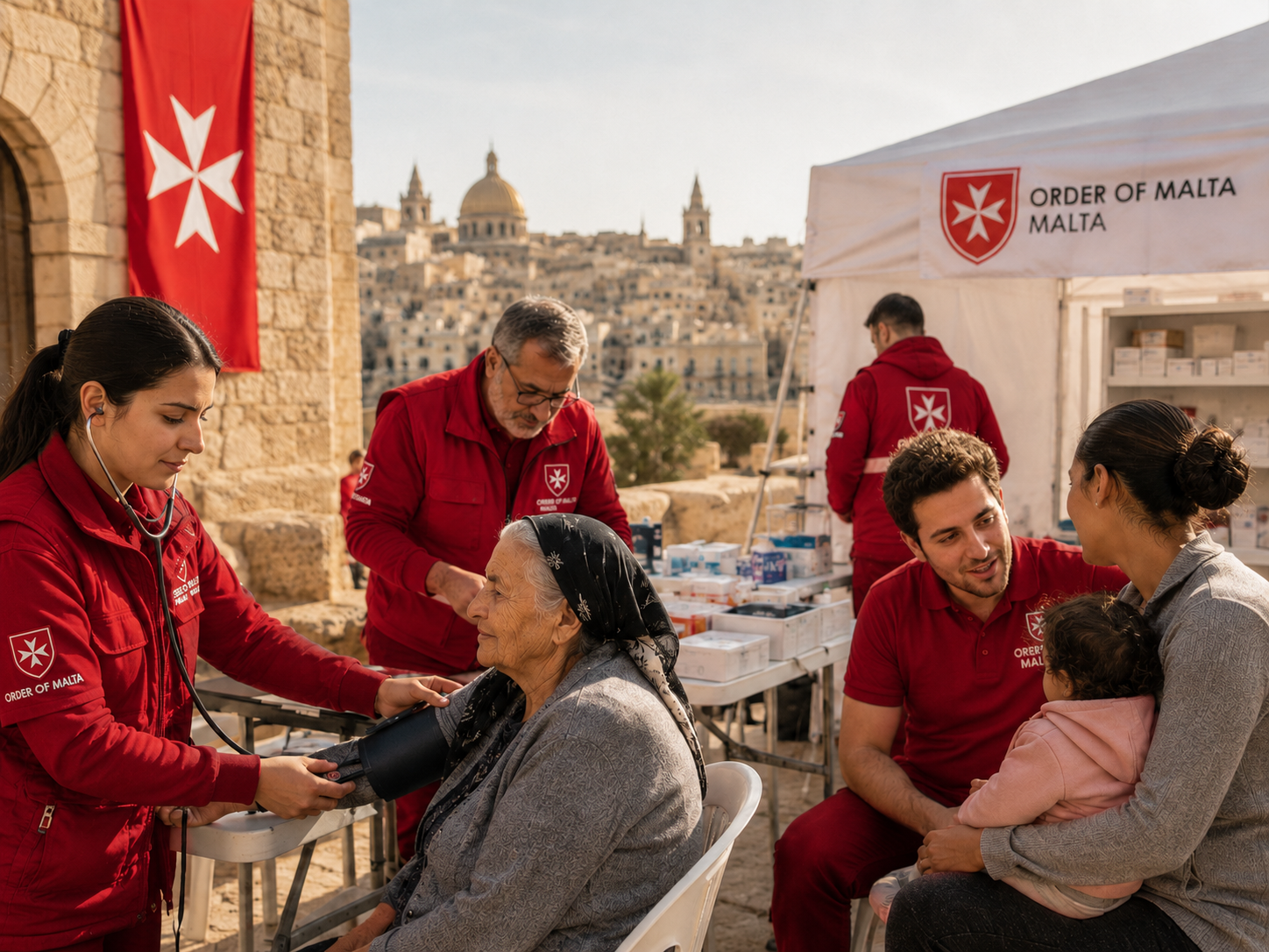 Order of Malta medical volunteers in red uniforms providing healthcare and community support during a humanitarian outreach mission.