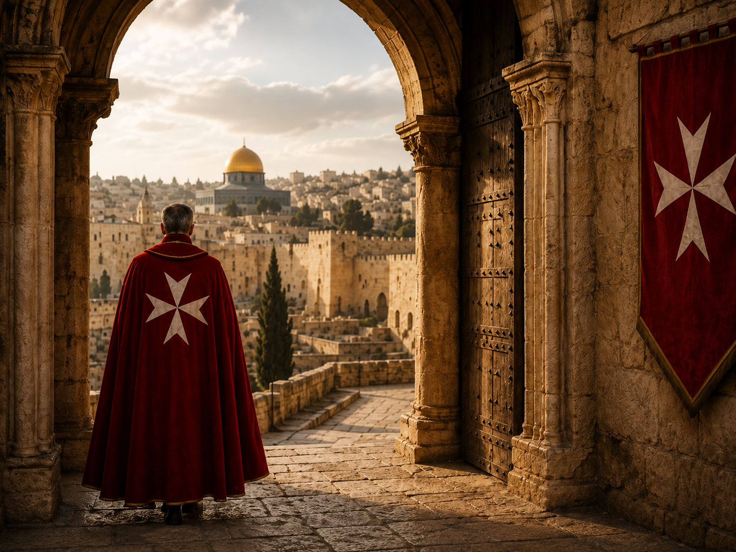Knight of Malta wearing a red cape with a white Maltese cross overlooking Jerusalem
