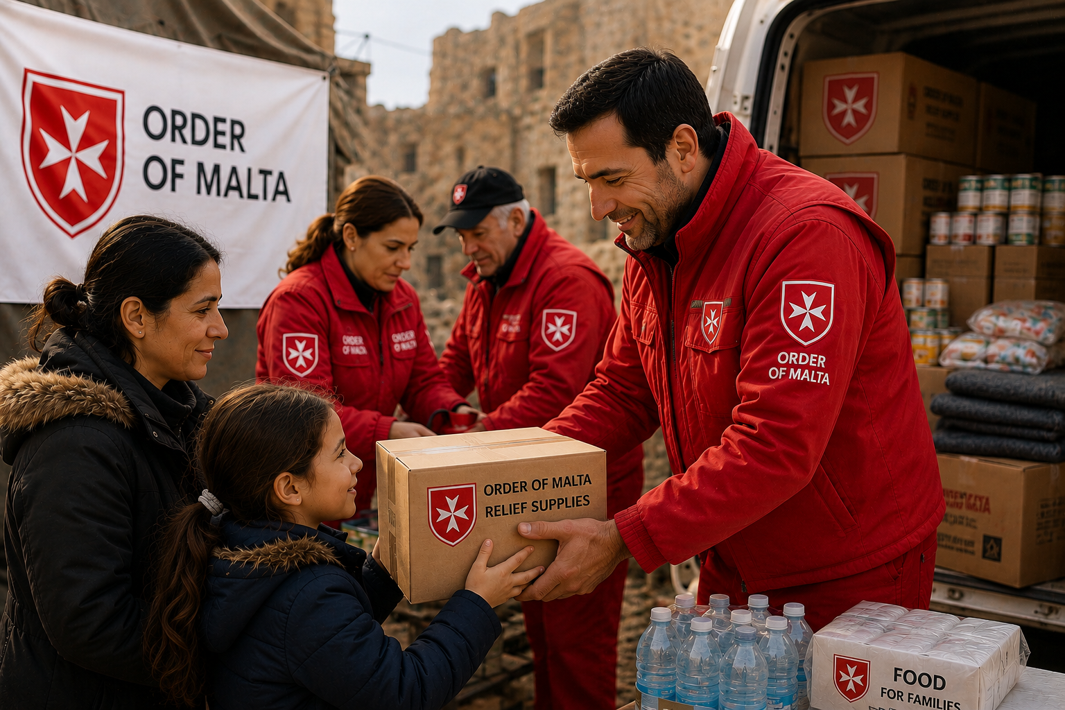 Knights of Malta volunteers in red uniforms providing relief supplies to a mother and child during a humanitarian aid mission.v
