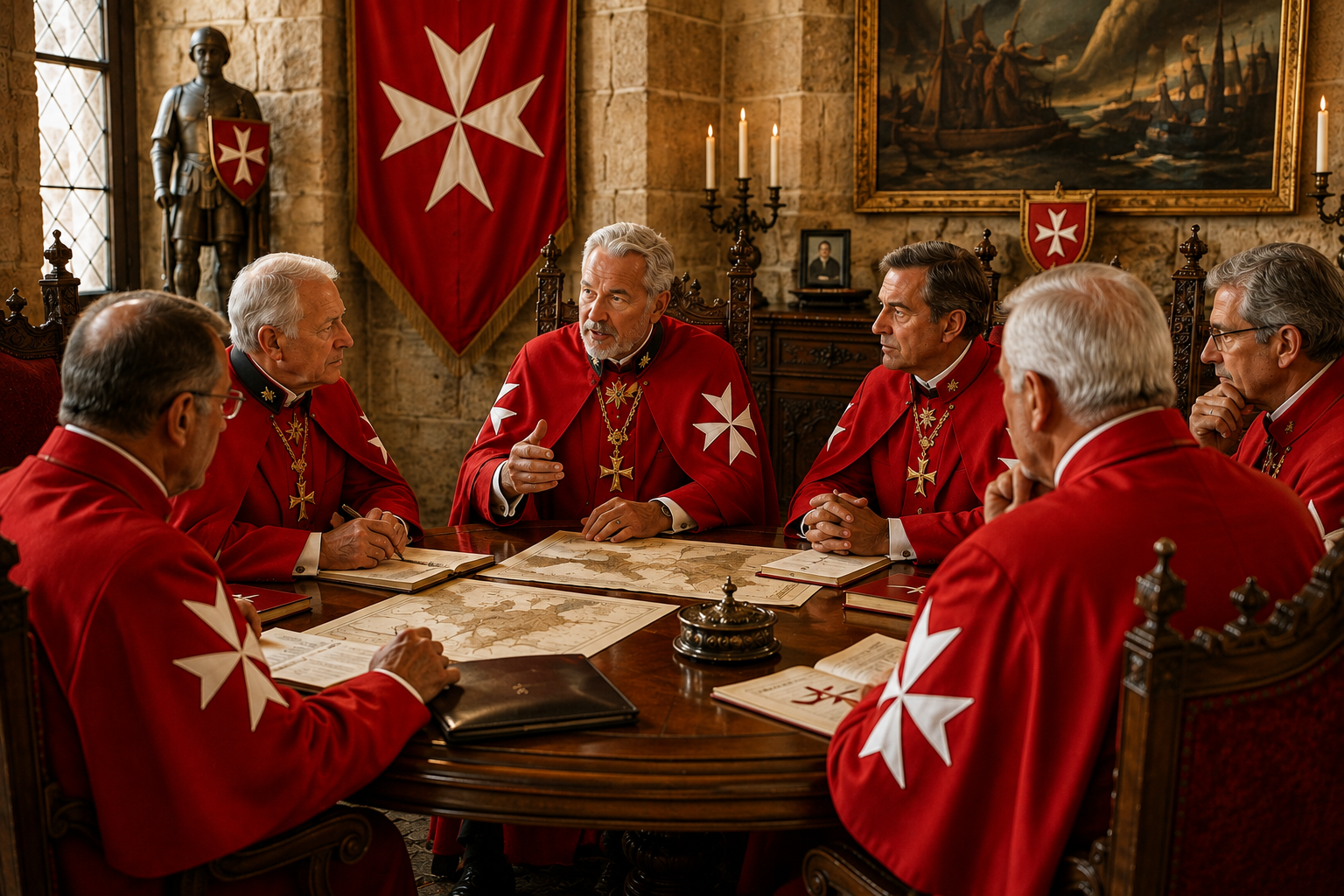Knights of Malta leaders in red ceremonial robes with white Maltese crosses gathered around a council table in a historic stone chamber.