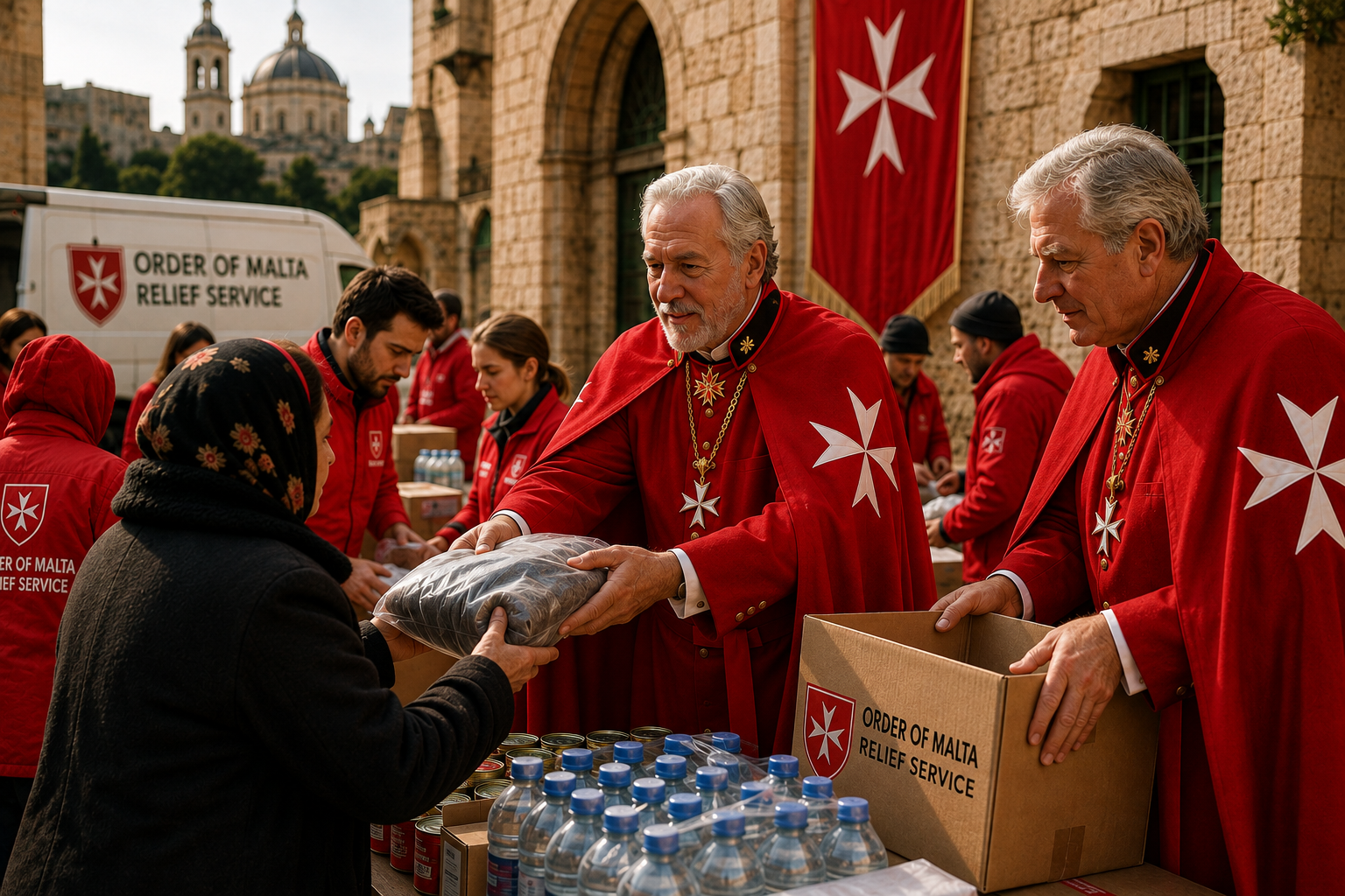 Knights of Malta leaders in red ceremonial robes distributing humanitarian relief supplies to a woman during a community outreach mission.