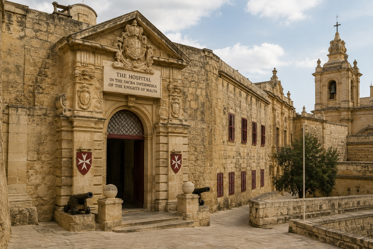 Historic Sacra Infermeria hospital of the Knights of Malta with limestone architecture and Maltese crosses