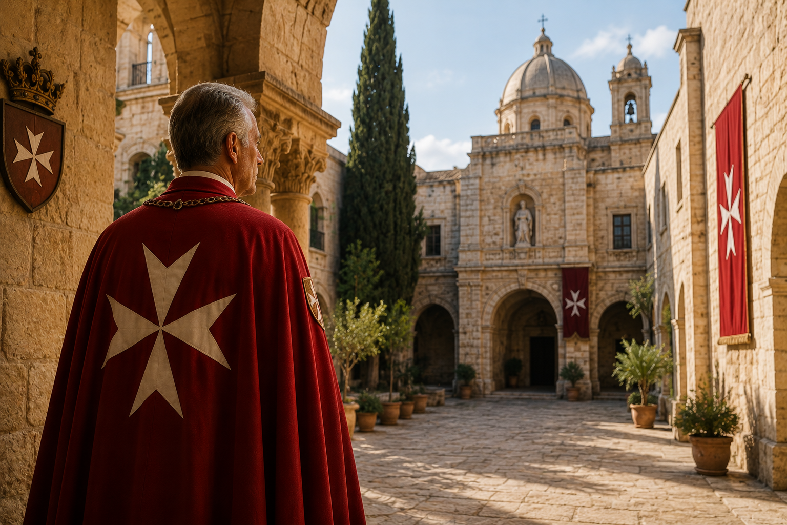 Modern Knight of Malta wearing a red cape with a white Maltese cross in a historic stone courtyard.