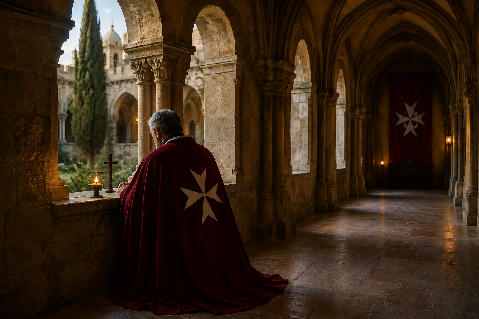 Knight in a red cloak with a white Maltese cross praying in a historic stone cloister.