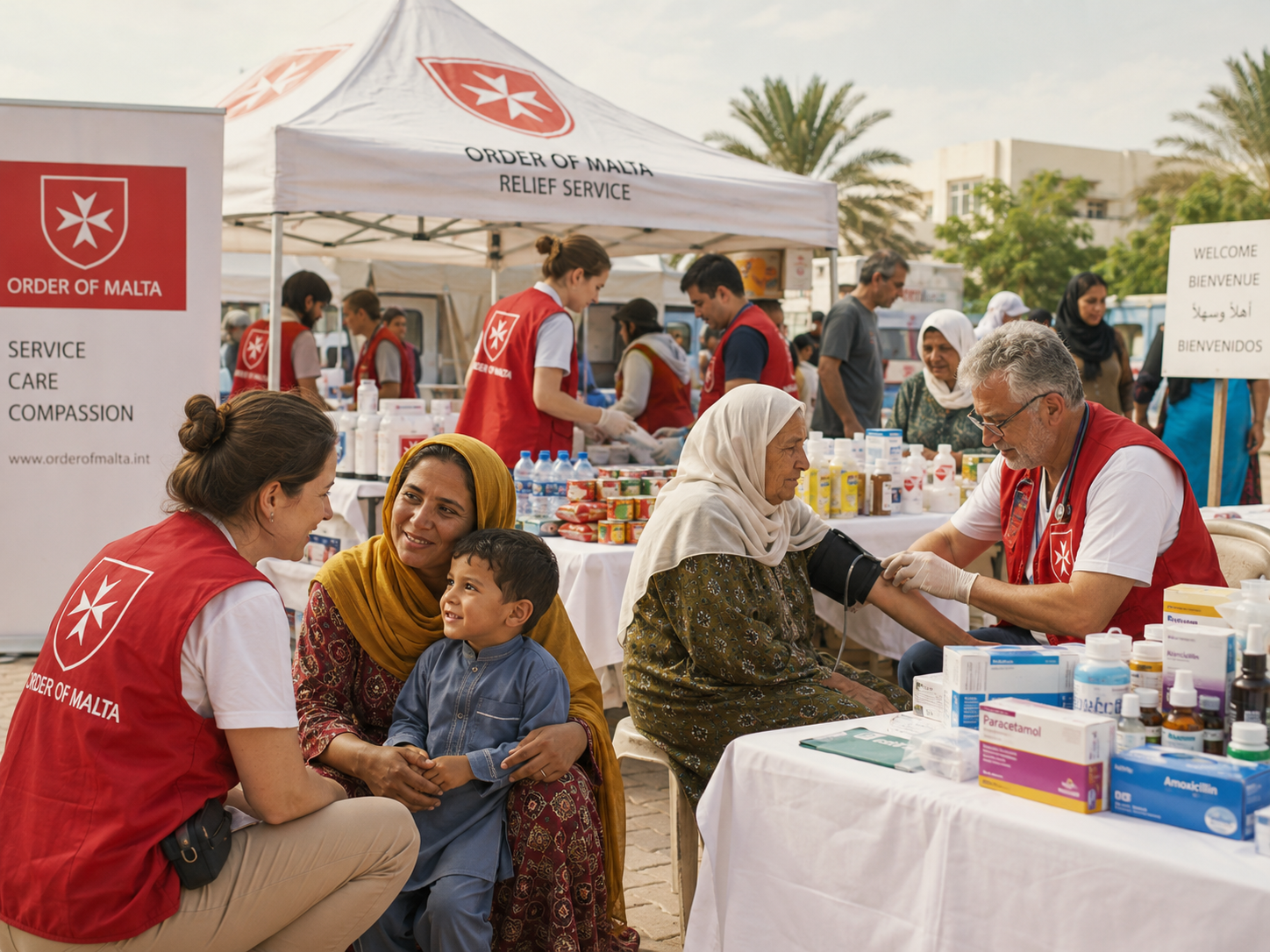 Knights of Malta volunteers providing medical care and humanitarian assistance to families from diverse communities