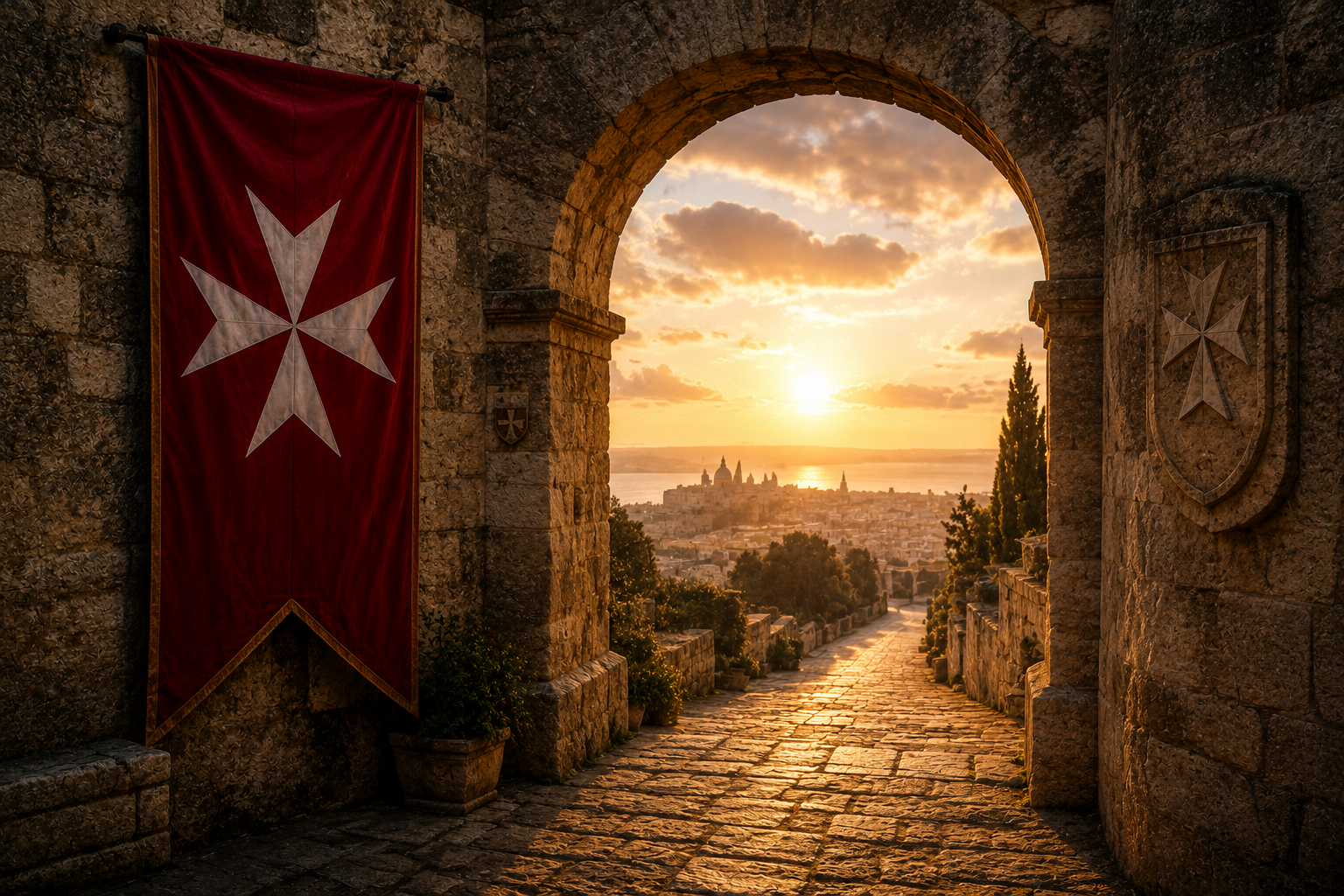 Historic stone archway with a red Maltese cross banner overlooking a sunlit city, symbolizing the enduring legacy of the Knights of Malta.